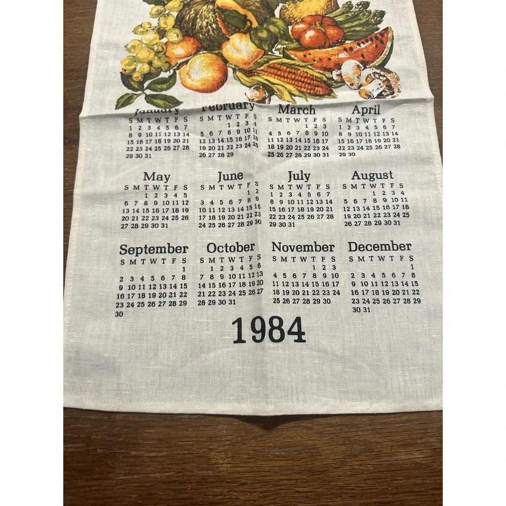 Vintage 1984 Printed Cloth Hanging Wall Calendar Tea Towel Fruit Veggies Fall